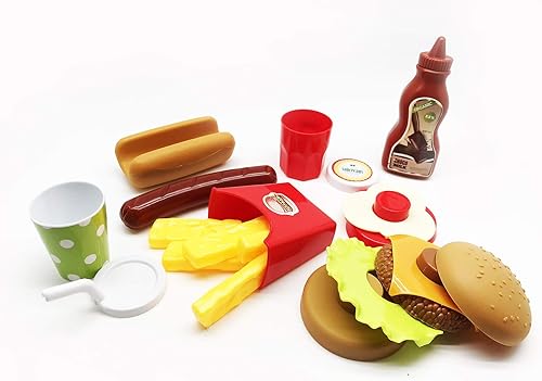 Miniatura 2 de GiftExpress Burger & Hot Dog - Juego de cocina de comida rápida para niños con hamburguesas, papas fritas, perrito caliente, coca, salsa de tomate,