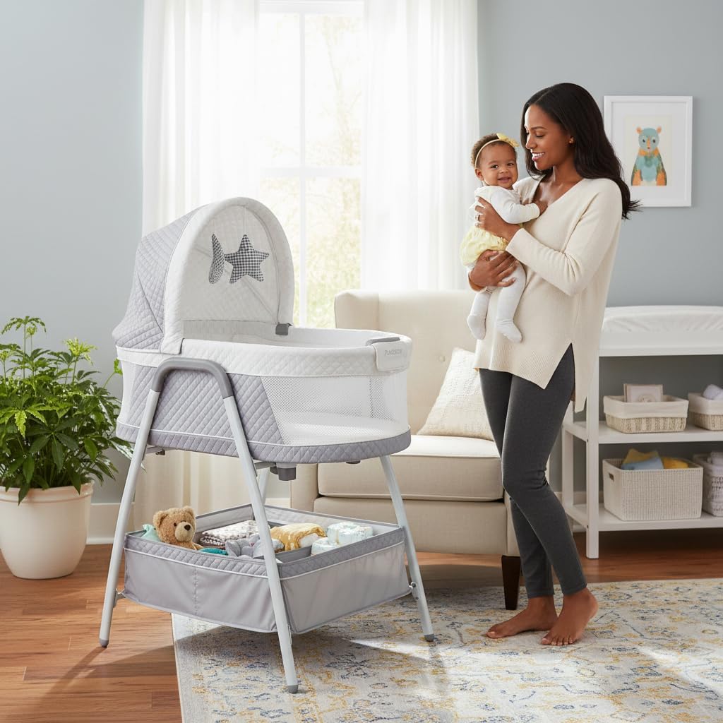 Journey 2-in-1 Convertible Infant Bassinet, Classic Design Baby Crib Sleeper with Storage, Comforting Vibrations, Soothing Lullabies, and Nature Noises (Soft Grey)