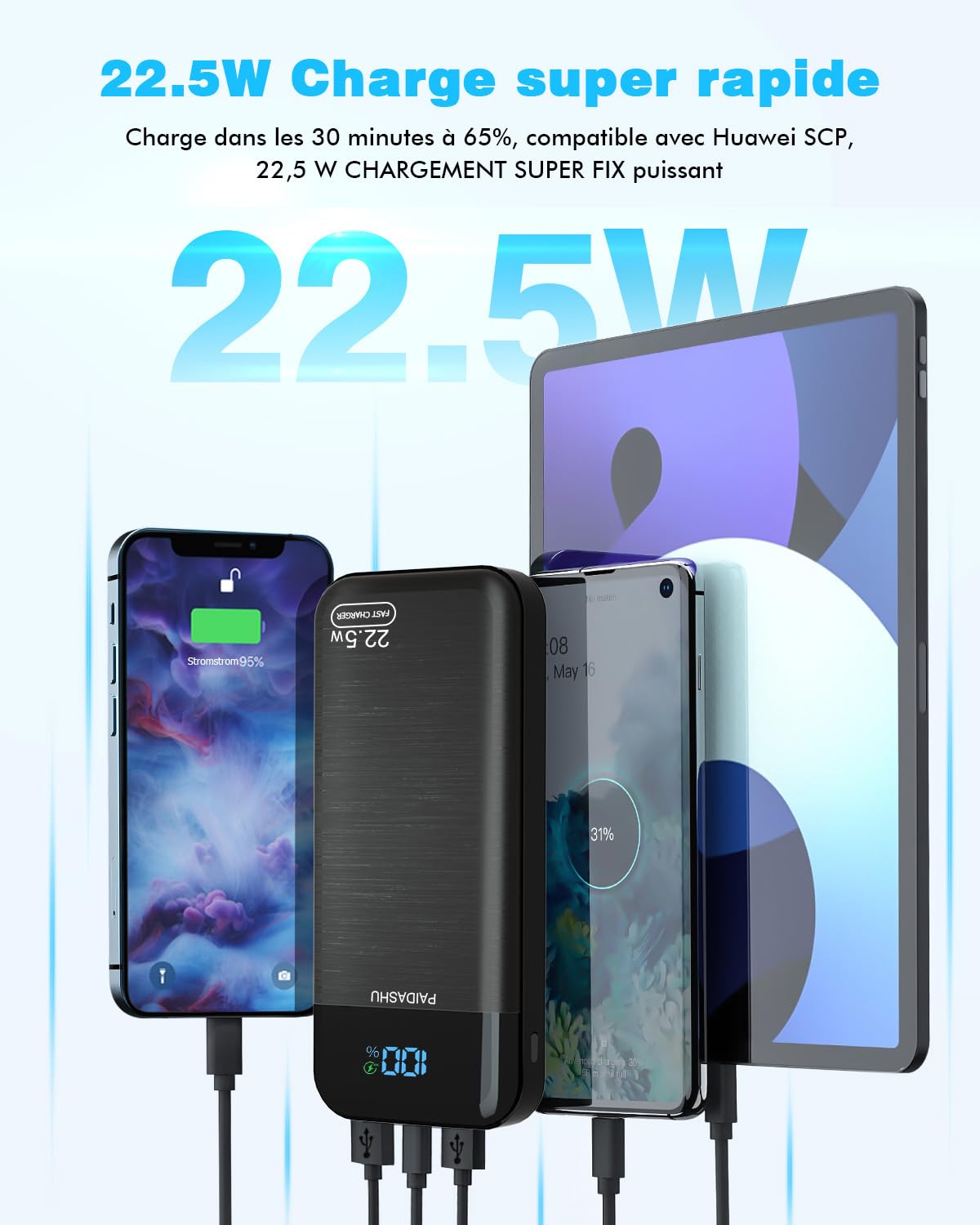 Batterie Externe, 22.5W 27000mAh Power Bank, Batterie Portable USB C Input & Output PD3.0 QC4.0 Charge Rapide Powerbank Compatible avec Smartphone, tablettes (P38S)