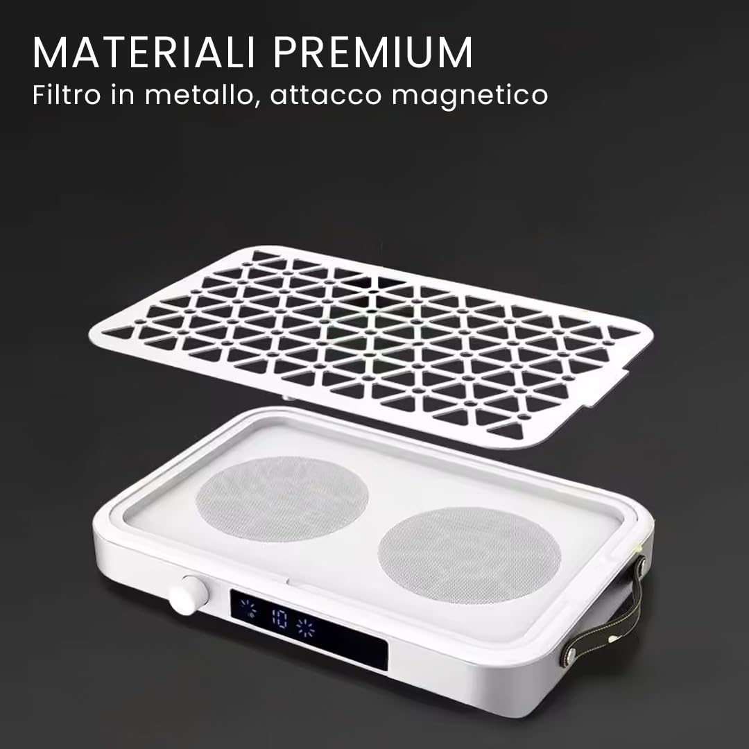 Dustek DUAL ORIGINALE Aspiratore Unghie Professionale 48W – Doppia Ventola Turbo, 10 Velocità Regolabili, Schermo LCD, Silenzioso, 30 Filtri Inclusi