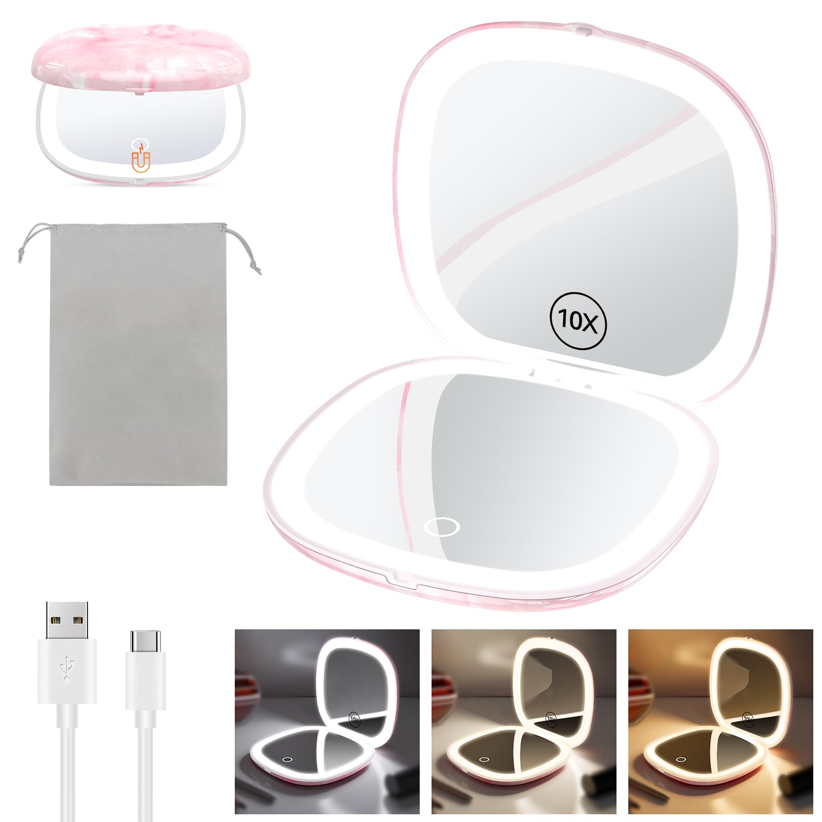 Benbilry 3.9" Rechargeable Compact Makeup Mirror with 3 Light Colors and Magnification 1X / 10X, Double Light Strip Dimmable Small LED Travel Mirror for Purse, Pink and White