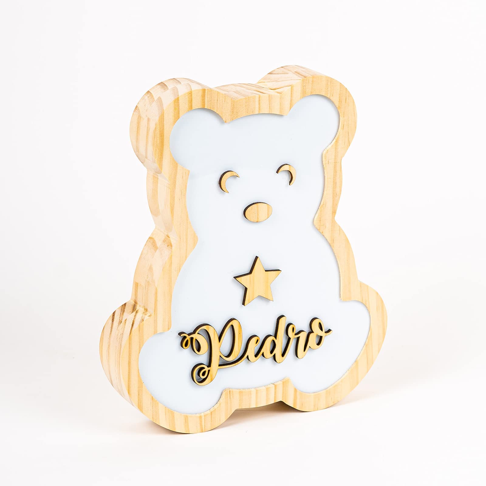 [ PINE & KIDS ] Lámpara Osito infantil personalizada con Nombre. Lámpara quitamiedos con nombre en madera para niños y bebés. Incluye adaptador de corriente.