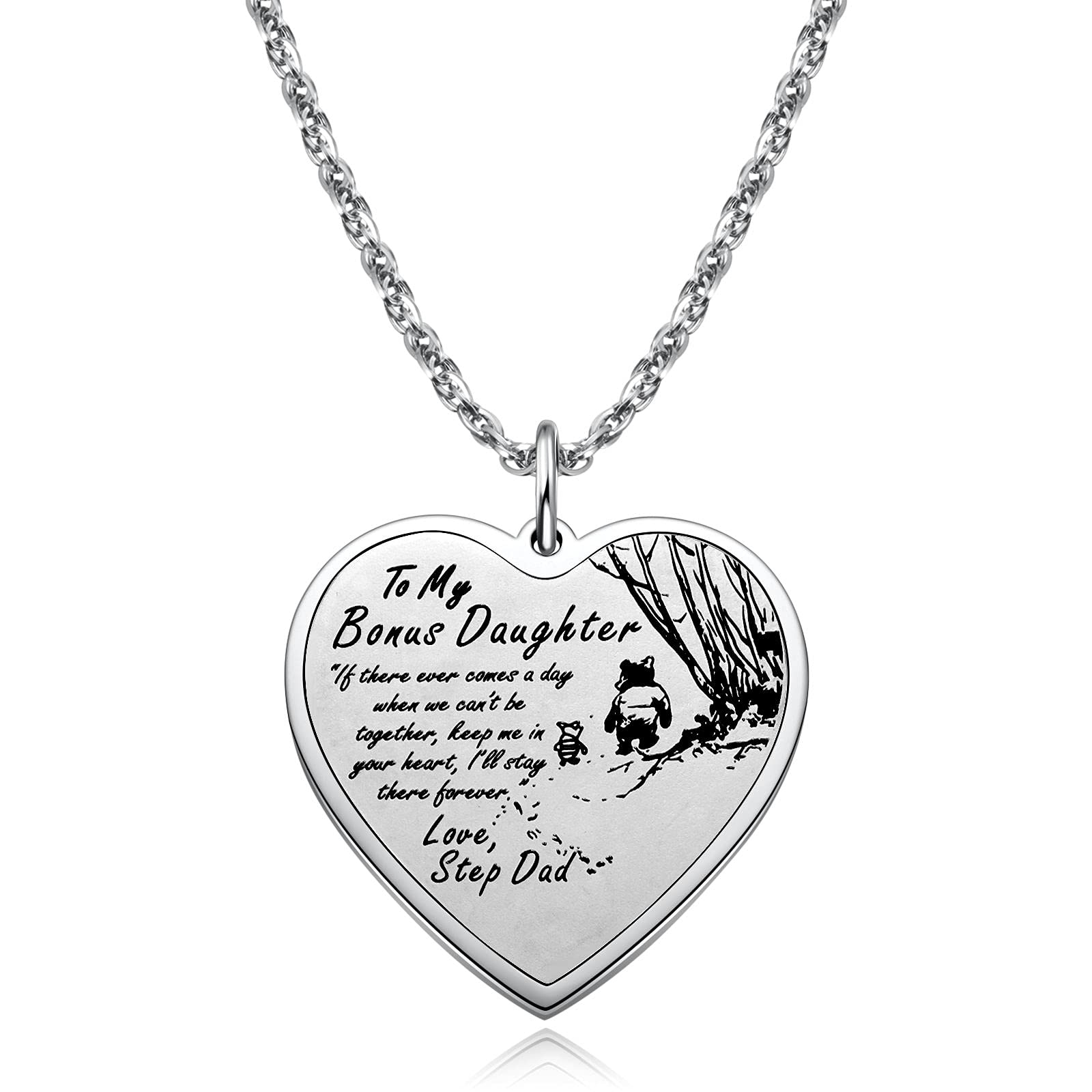 Ralukiia to My Bonus Daughter Necklace Keychain from Step Mom Dad, Pooh  Bear Piglet Jewelry Gifts for Stepdaughter, Inspirational Heart Pendant Gift