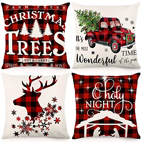 CDWERD Weihnachts-Kissenbezüge, 45,7 x 45,7 cm, Weihnachtsdekoration, Schwarz und Rot, Büffelkariert, Weihnachtsdekoration, 4er-Set Cover