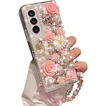 Changjia for Samsung Galaxy A15 5G Glitter Bling Case,Cute Luxury 3D Sparkle Crystal Rhinestone Flowers Diamond Pearl with Lanyard Wrist Strap Women Girls Phone Case for Galaxy A15 5G 6.5 Inch Pink
