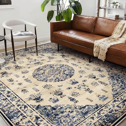 Washable Area Rug 9'x12' Retro Boho Design Non-Shedding Easy Care Ideal for High Traffic Areas in Living Room Bedroom Office Coffee Table Kitchen Large Carpet