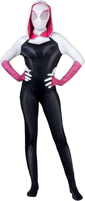 MARVEL Spider-Gwen Official Adult Zentai Halloween Costume - Hooded Spandex Jumpsuit with Printed Design and Pull On Mask