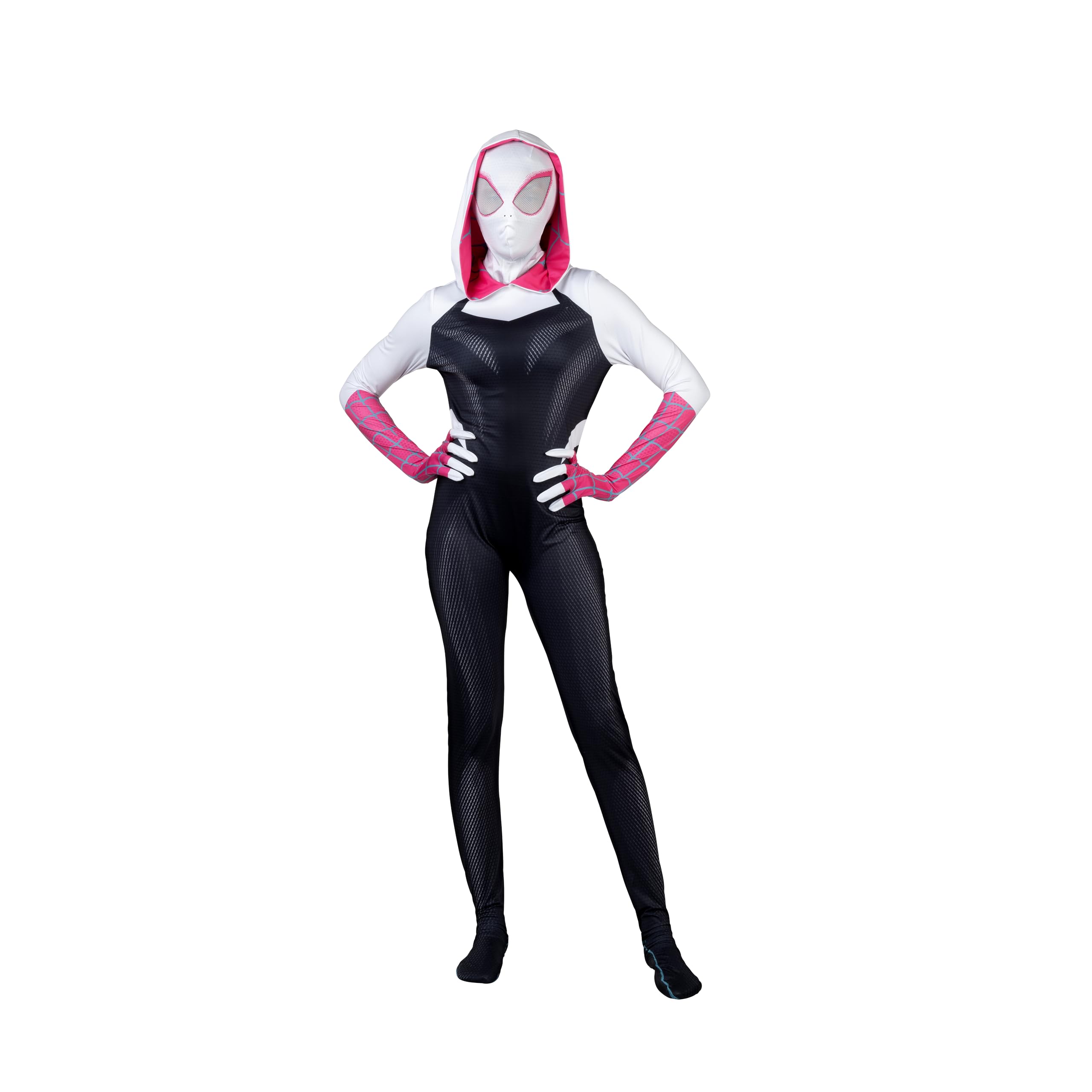 Marvel - Disfraz zentai oficial de Spider-Gwen para adultos, mono de elastano con capucha, diseño estampado y máscara ajustable