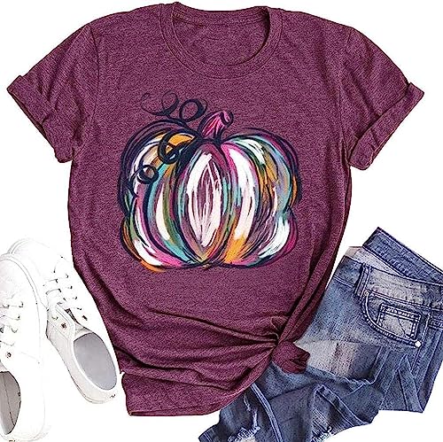 Woffccrd Womens Funny Leopard Pumpkin Printed Shirts Halloween Short Sleeve Graphic Tees Fall T-Shirts Tops