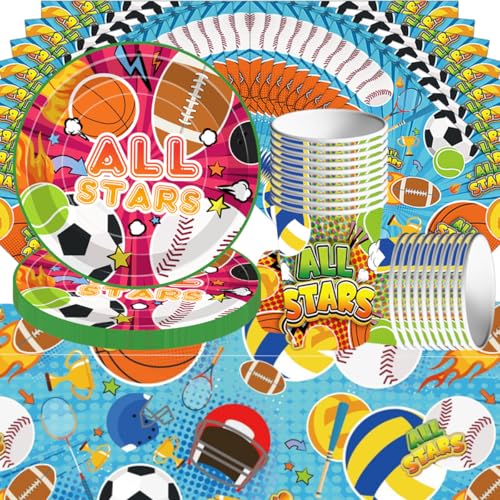 Ensemble de vaisselle de table sur le thème du sport comprenant 61 pièces pour les fêtes d'anniversaire, comprenant des serviettes, des gobelets en papier, des assiettes en papier et une nappe