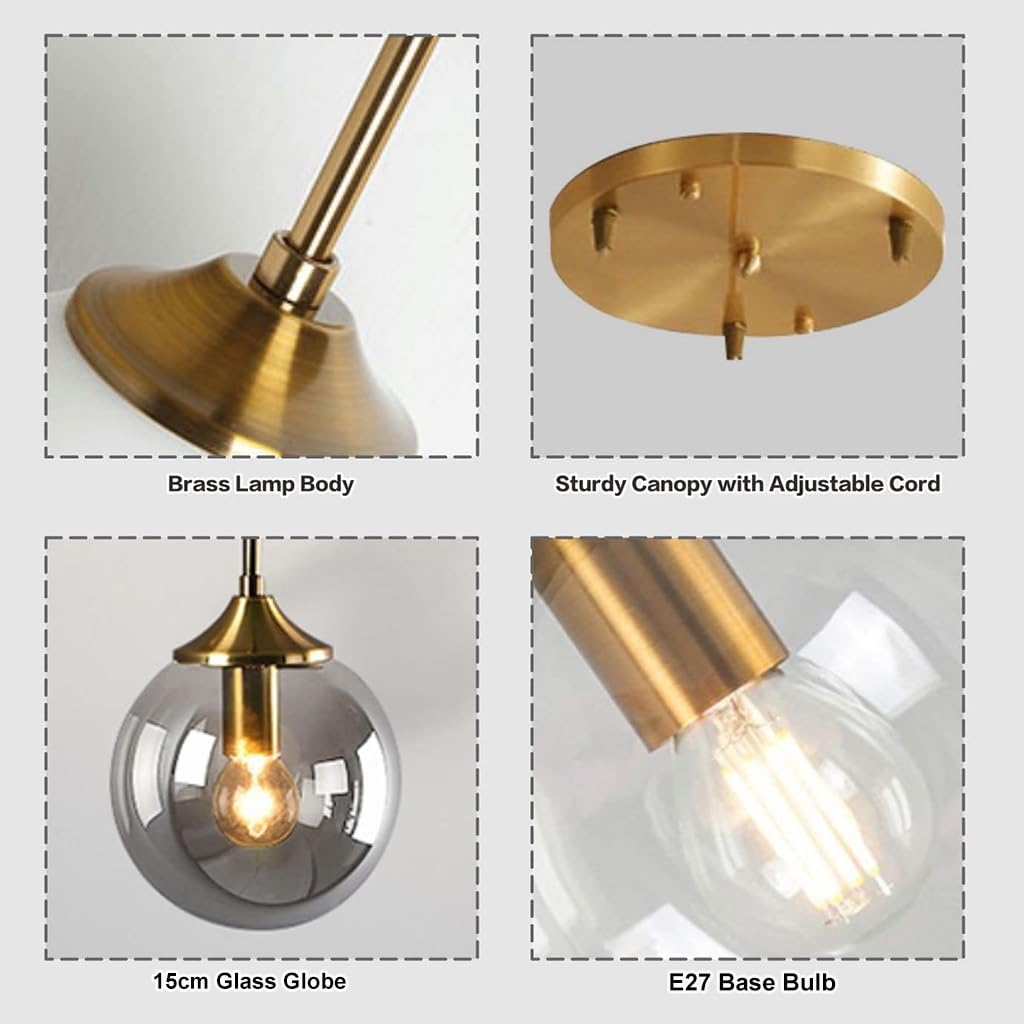 Żyrandol w stylu vintage, lampa wisząca, 3 światła, globus, szklany klosz, regulowane nowoczesne oświetlenie na wyspę kuchenną, klatkę schodową, do jadalni, przedpokoju, salonu, sypialni, złote