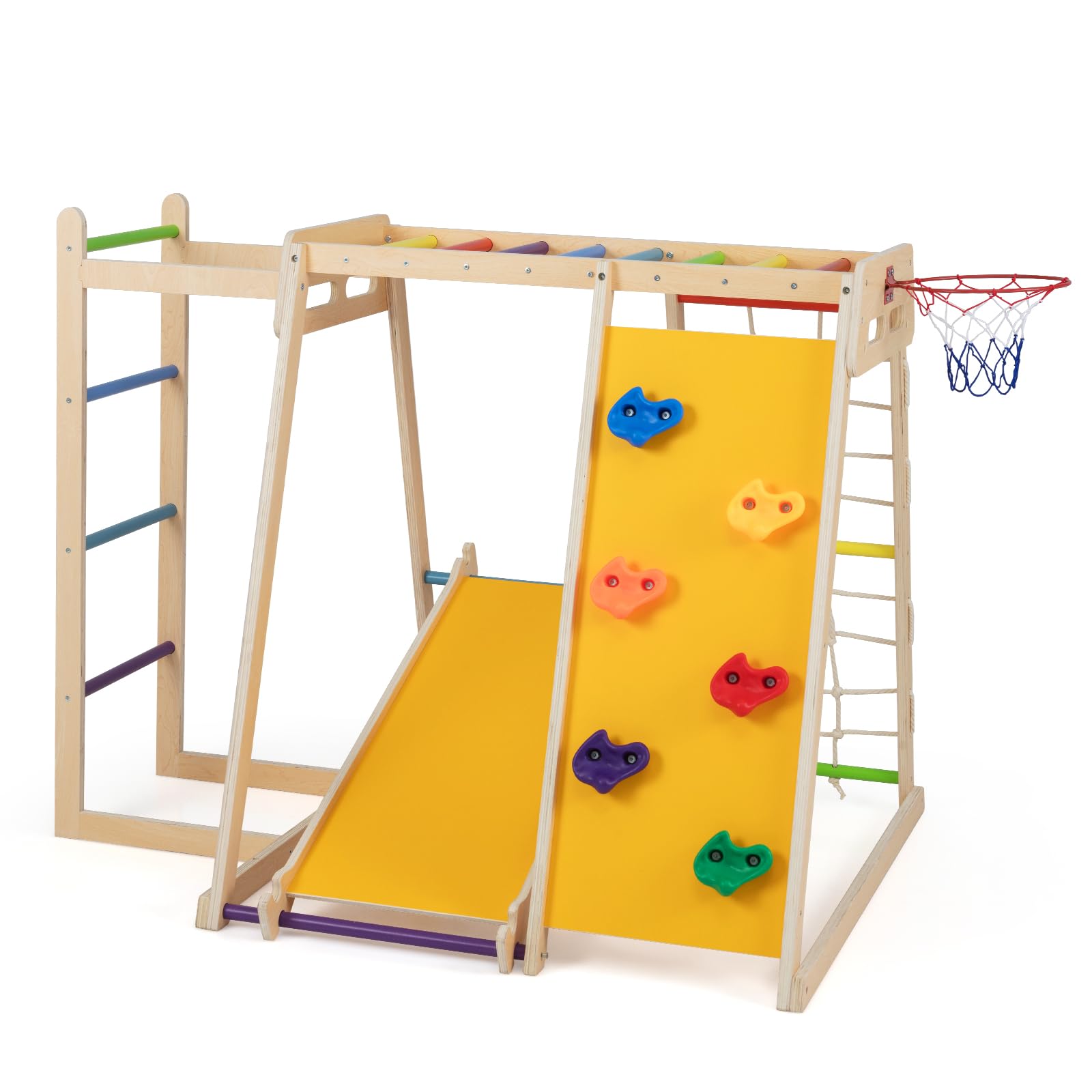 Maxmass 6 in 1 Kids Climbing Frame, Wooden Toddler Jungle Gym Playset with Rope Net, Slide, Monkey Bar, Basketball Hoop, Indoor Children Climbing Set Montessori Climber for 3-14 Years Old (Colorful)