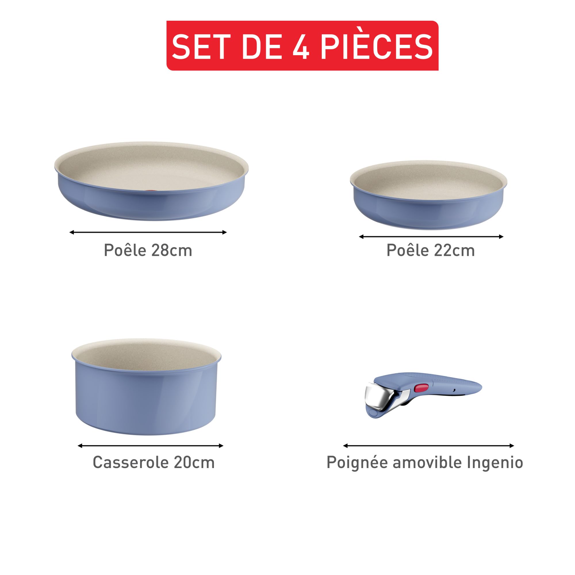 Tefal Ingenio Serenity, Batterie de cuisine 4pièces, Revêtement antiadhésif, Poignée amovible sécurisée, Design empilable, BLUE CALM