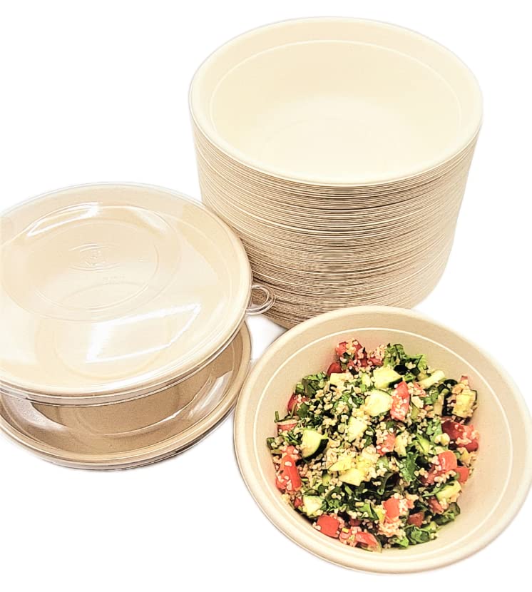 [50 PACK 32OZ Compostable Eco-friendly Plant Fibers round Biodegradable Bowls with PET Lids, Bamboo sugarcane Fiber Bowls take away food containers Microwave & Freezer Safe