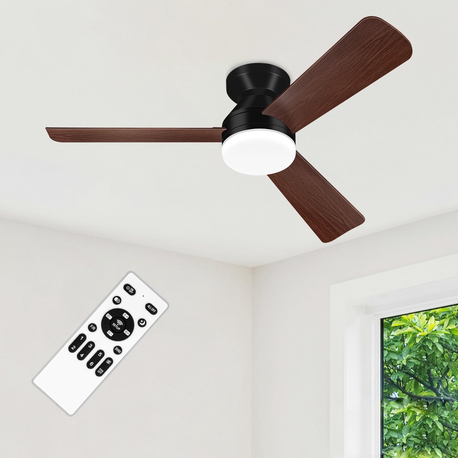 Ceiling Fans with Lights - 42 Inch Low Profile Ceiling Fan with Light and Remote, Reversible DC Motors, 3CCT Dimmable Noiseless, Black&Wood Flush Mount Ceiling Fan for Bedroom/Living Room