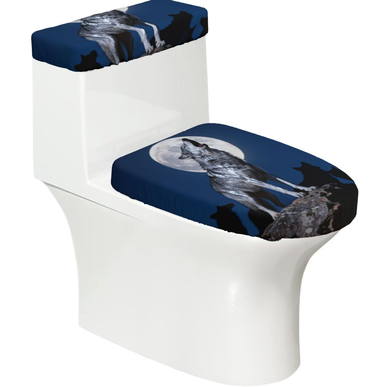 Cntdbu Black Wolf King Howl Stretchy Toilet Lid And Tank Cover Set-Soft Elastic Bathroom Decor For U Shape Oval