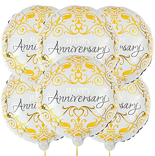 Image of AMFIN (Pack of 6) Happy Anniversary Round Foil Balloons for Wedding, Anniversary, Party Decoration /Anniversary Decorations Items Combo for Home Balloon - White & Golden