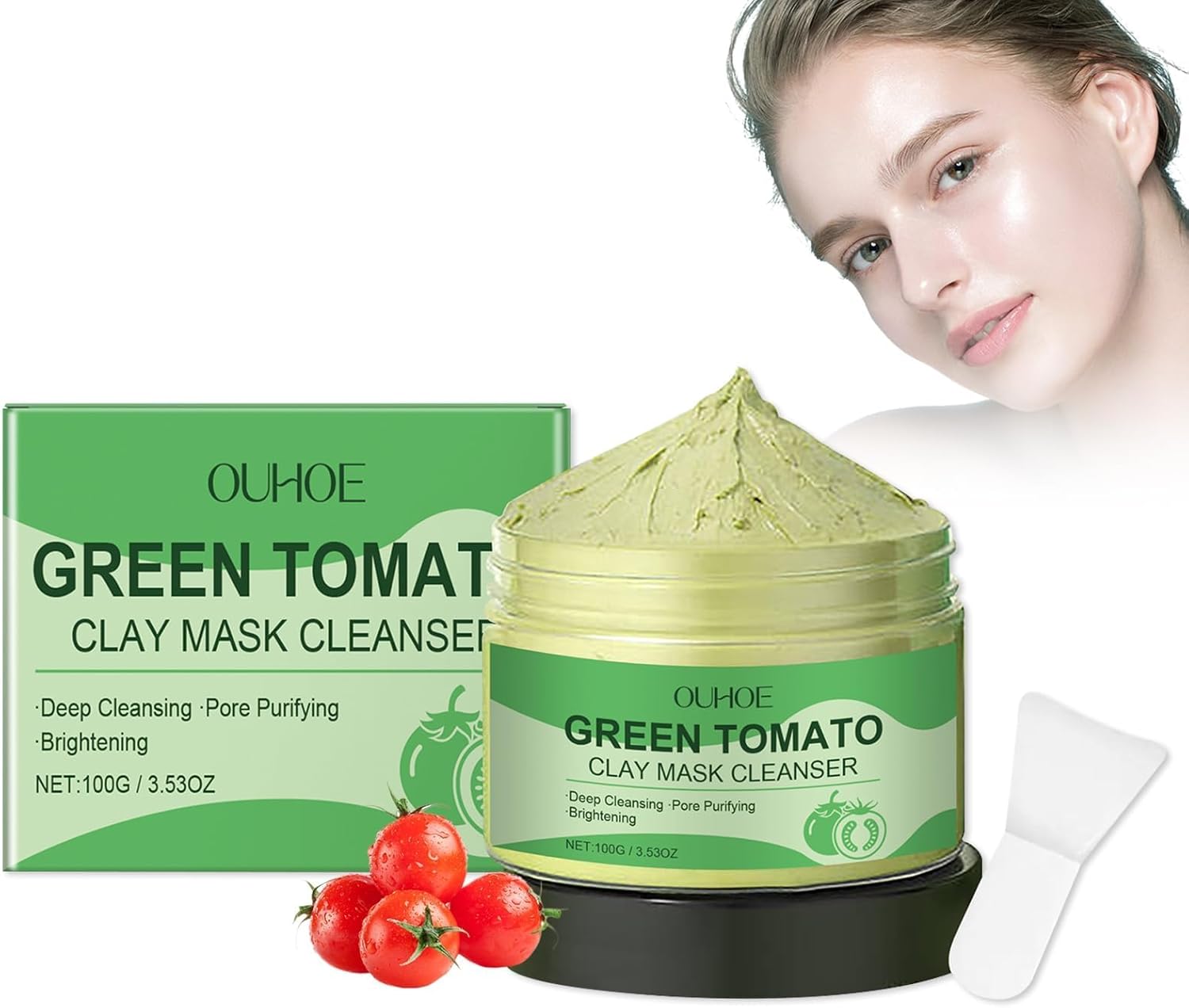 Groene tomatenkleimasker, Koreaans gezichtsmasker, gezichtskleimasker voor het reinigen van poriën en het verminderen van acne en mee-eters 100 g