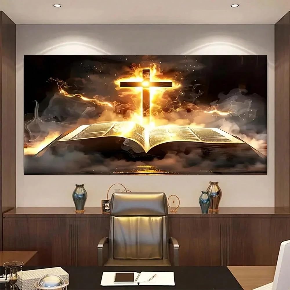 lianyibo 1 lienzo de cruz y escritura con efecto de luz dorada para decoración de sala de estar, dormitorio y oficina (90 x 180 cm/marco interior).
