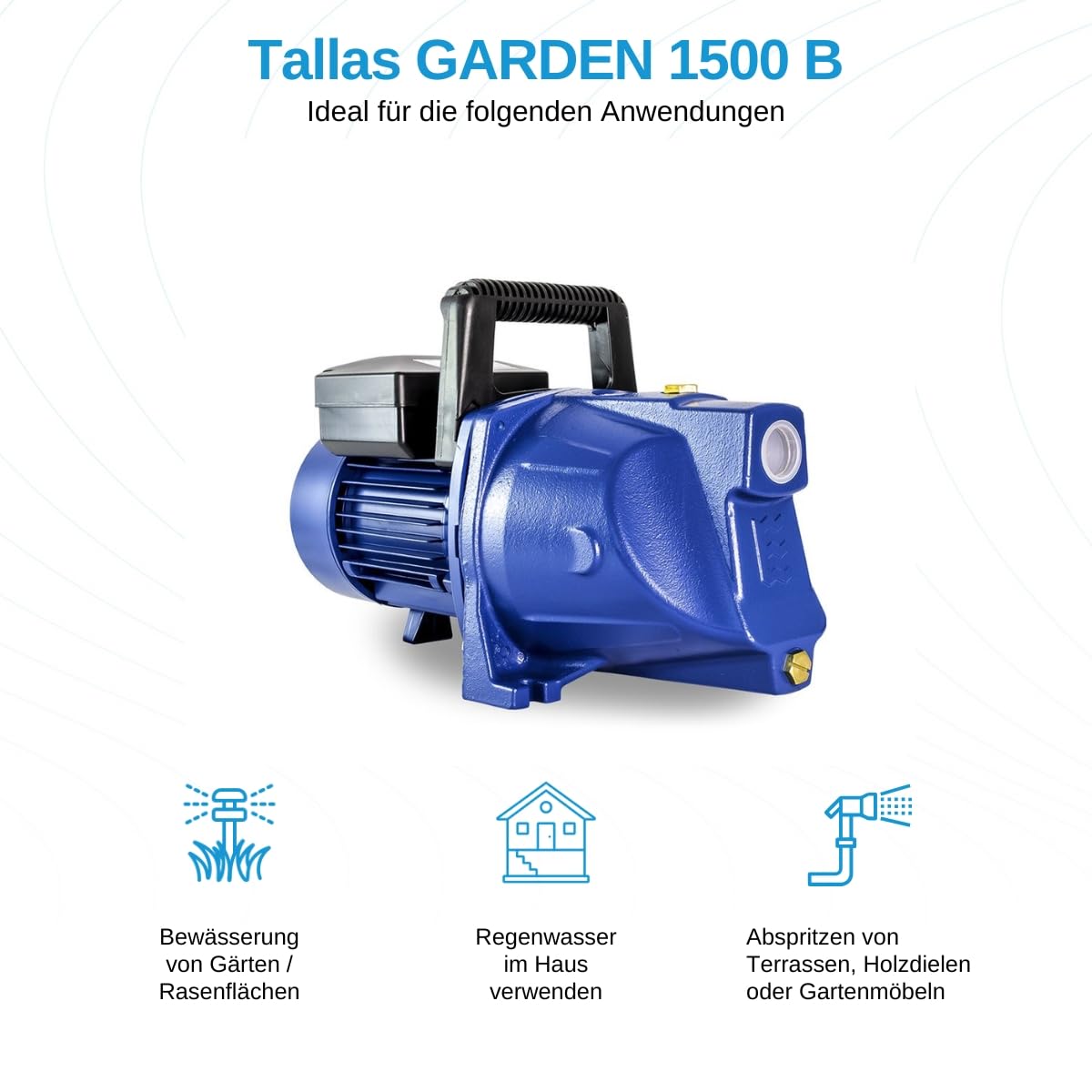 Tallas GARDEN 1500 B Pompa da giardino – 6.300 l/h – 1500 W – Altezza di mandata 48 m – Molto robusta – Con manico e spina montata – Pompa per irrigazione