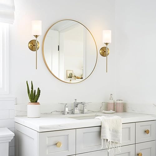 Miniatura 3 de BYOLIIMA Juego de 2 apliques de pared dorados con pantallas de cristal cilíndricas blancas modernas de mediados de siglo para baño, tocador, lámpara