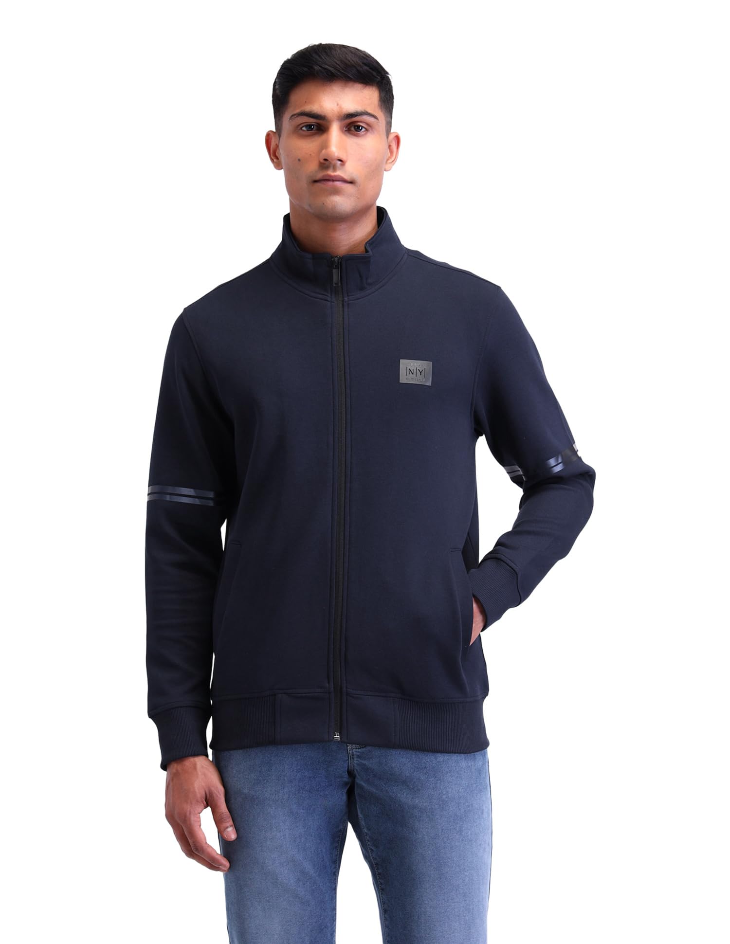 arrow New York Mens Blue Solid High Neck Long Sleeve Casual Cotton Regular Fit Sweatshirt-picture-10
