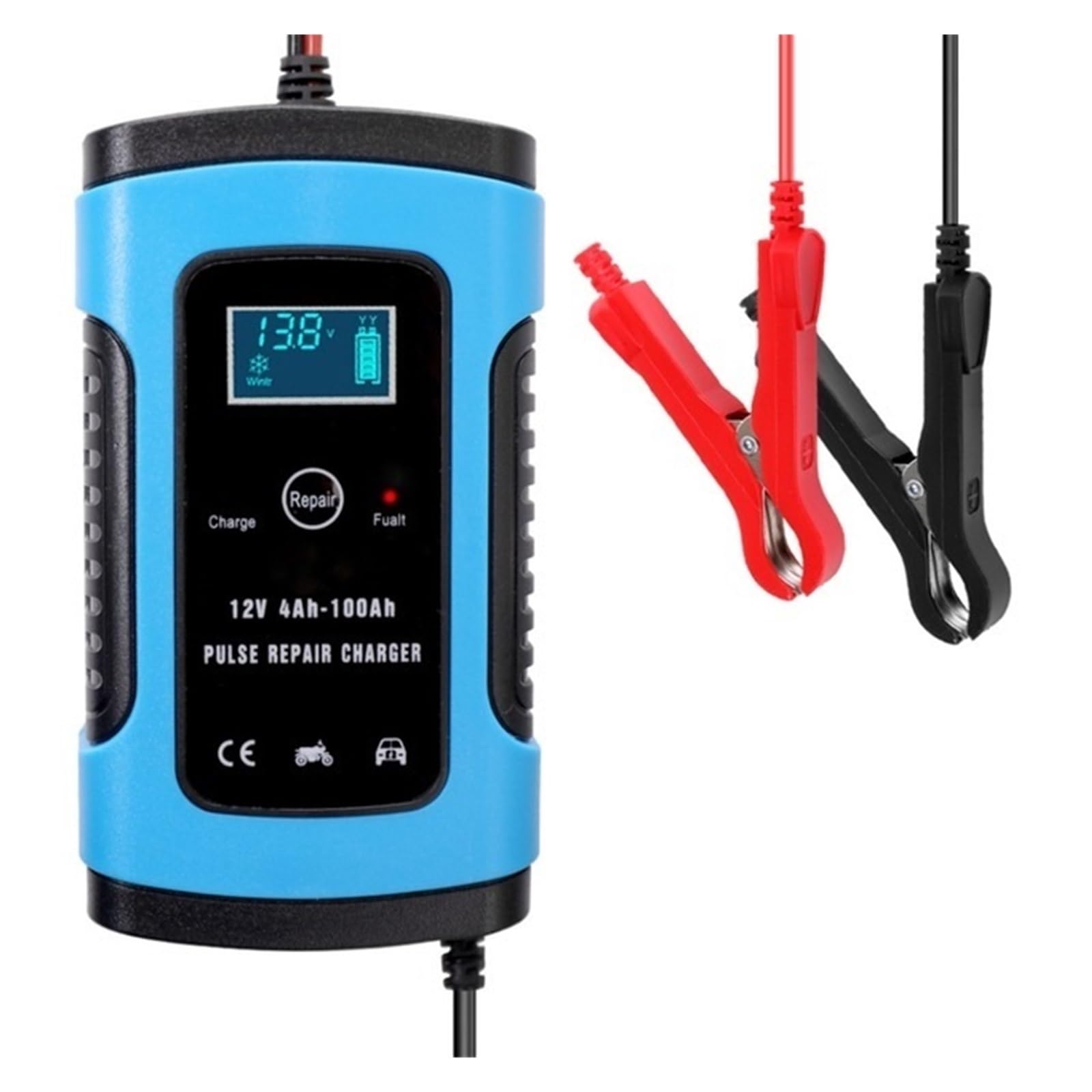 Cargador de Bateria, Cargador inteligente de reparación de pulso de 12V 6A, pantalla LCD for camión, motocicleta, coche, 12V, Gel AGM, batería de ácido de plomo húmedo seco, 75AH, 90AH, 100AH(Blauw)