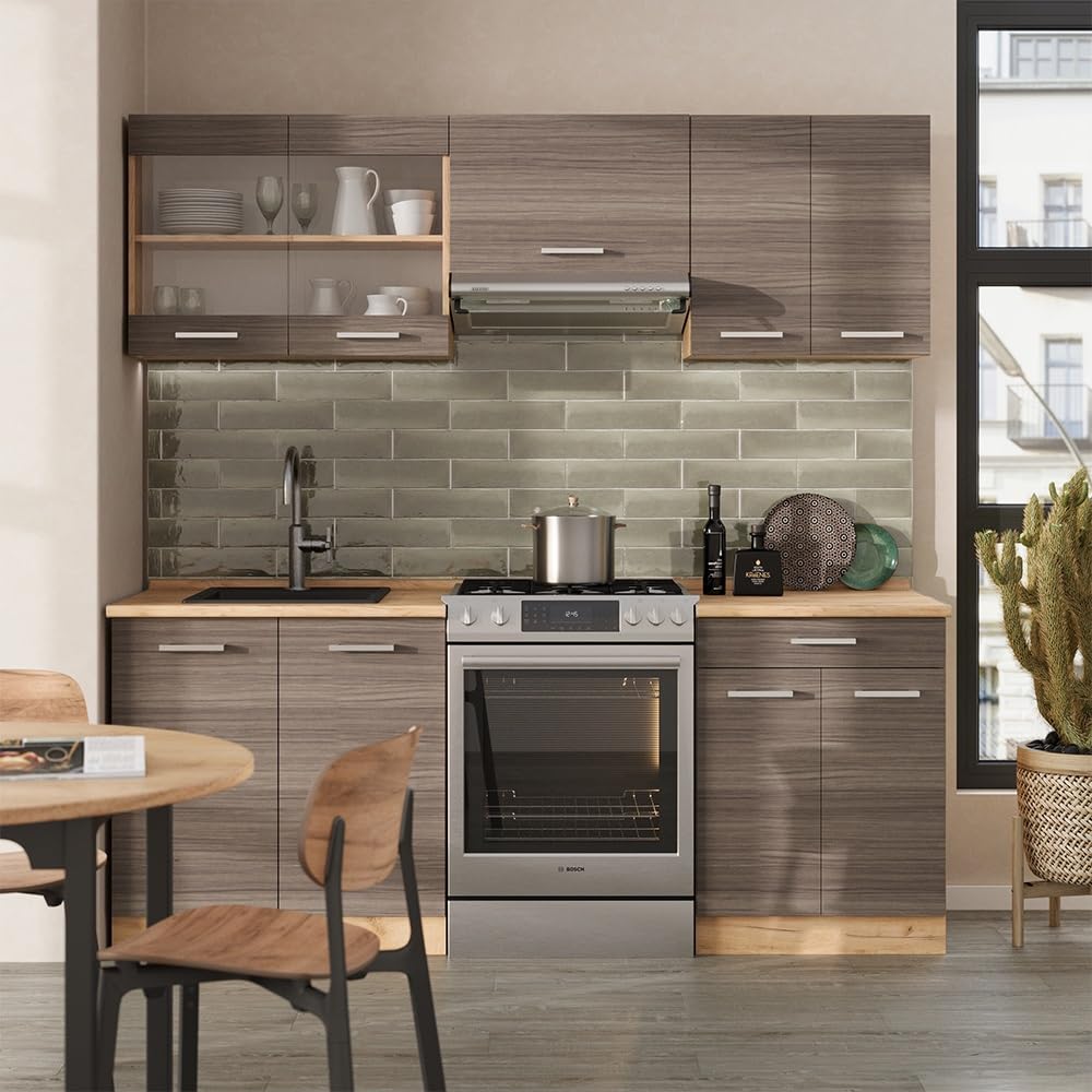 Vicco Küchenzeile R-Line, Edelgrau/Goldkraft Eiche, 200 cm, AP Eiche, geeignet zur individuellen Erweiterung durch Zusatzmodule