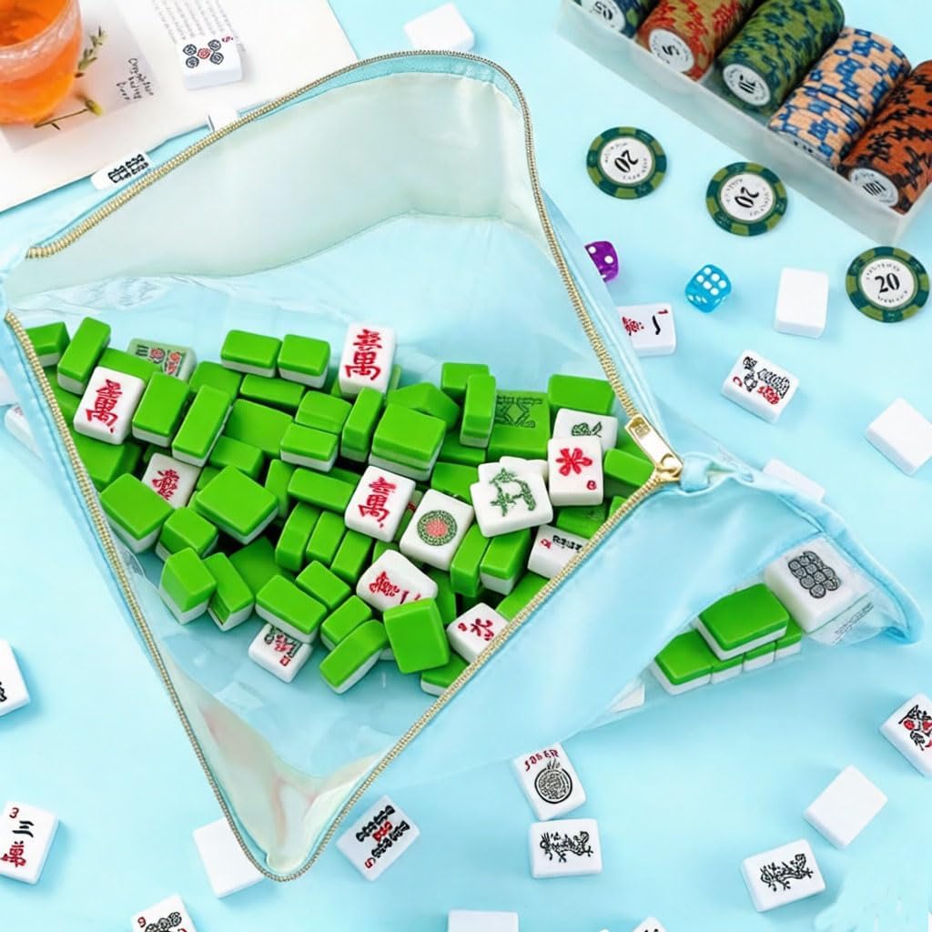 American Mahjong Tiles Storage Bag, Empty Carrying Case with Zipper & Letter Label, Fits 166 Tiles, Blue Mahjong Travel Organizer (No Tiles Included)