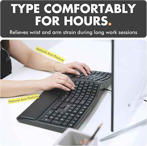 Miniatura 2 de Teclado ergonómico X9 con cable con reposamuñecas acolchado, escribe de forma natural y cómoda durante más tiempo - Teclado USB con cable para