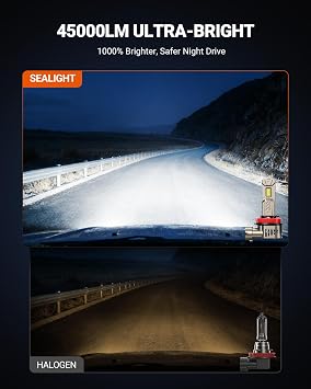 SEALIGHT 10X Super Brighter H11/H8/H9 Light Bulb than Origin, 6500K White Built-in Driver, 50000LM H9/H8/H11 LED Bulb 360 Adjustable Plug-N-Play, 70000Hrs Lifespan IP68 Waterproof, Pack of 2