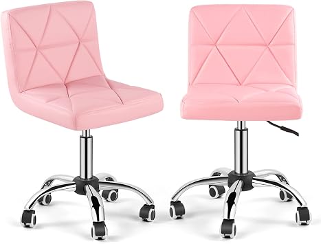 COSVALVE Armless Desk Chair Set of 2, Low Back Swivel Office Chair, Adjustable Task Chair with Rolling Wheels and Diamond Pattern, for Home Computer Barber, 2-Pack, Pink