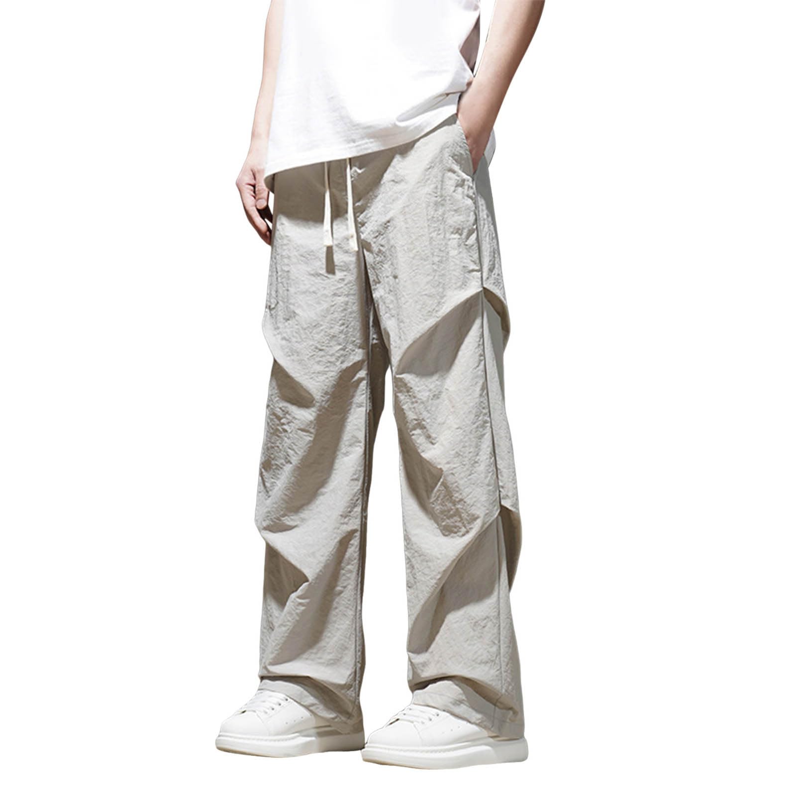 Men's Casual Summer Pants Straight Leg Elastic Waist Lightweight Breathable Comfortable Loose Fit (Light Gray, L)