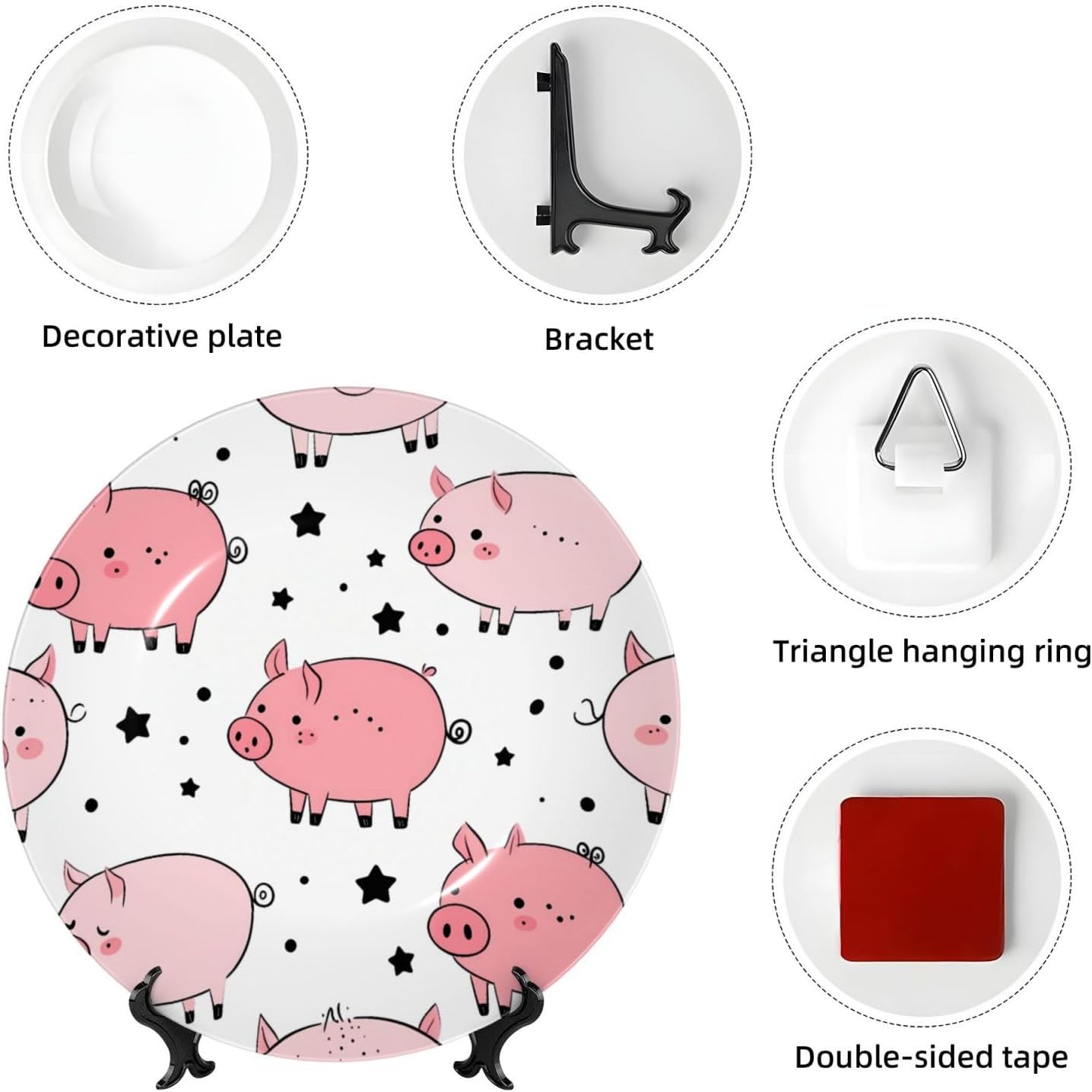 Cute Pink Pigs Style Ceramic Plate Display Decorative Plate With Stand Wall Hanging Plate For Home Decor 10 Inch