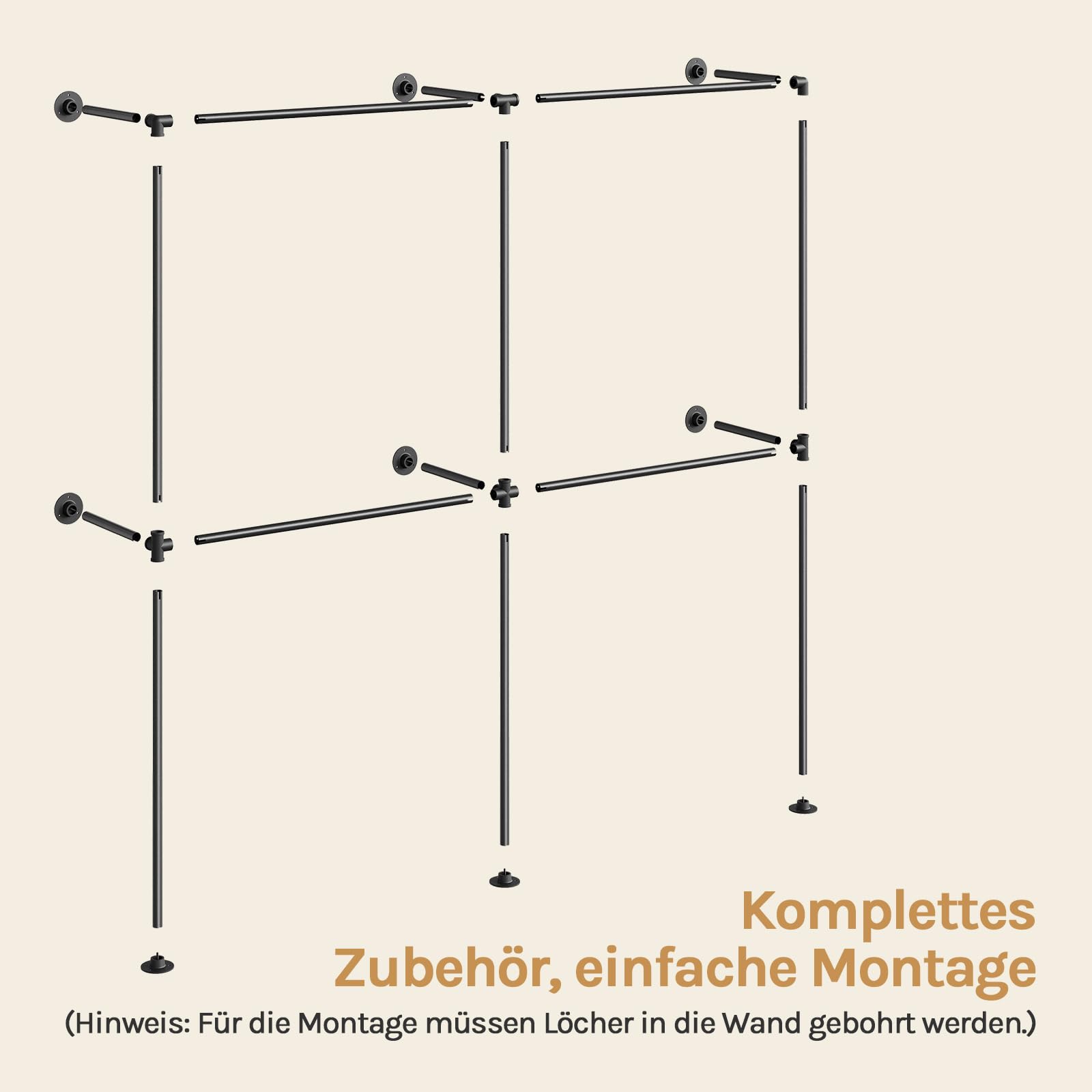 WOLTU Kleiderständer Wandmontage, Offener Kleiderschrank, Garderobenständer industriell, für Wohnzimmer Schlafzimmer Büro, Kleiderstange mit 4 Stangen, Schwarz, 193 x 187 x 36,5 cm