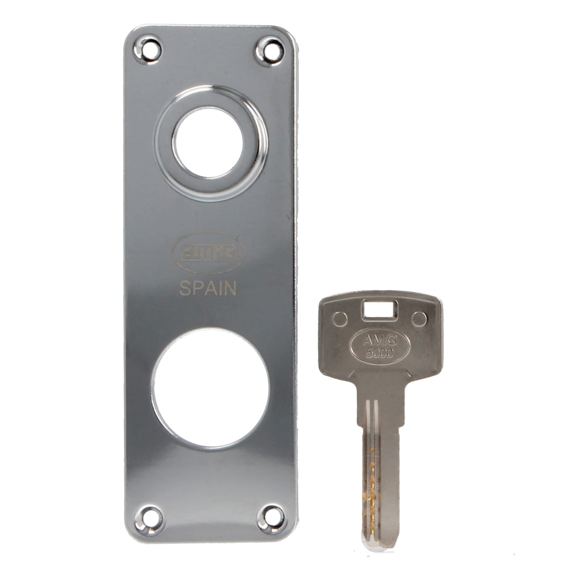 Amig - Serratura a Sovrapposizione Sinistra con Leva di Chiusura, Linguetta e Quadretto per Porte in Legno Mod. 75N - 72 x 112 mm - Cilindro rotondo di sicurezza - Acciaio argentato