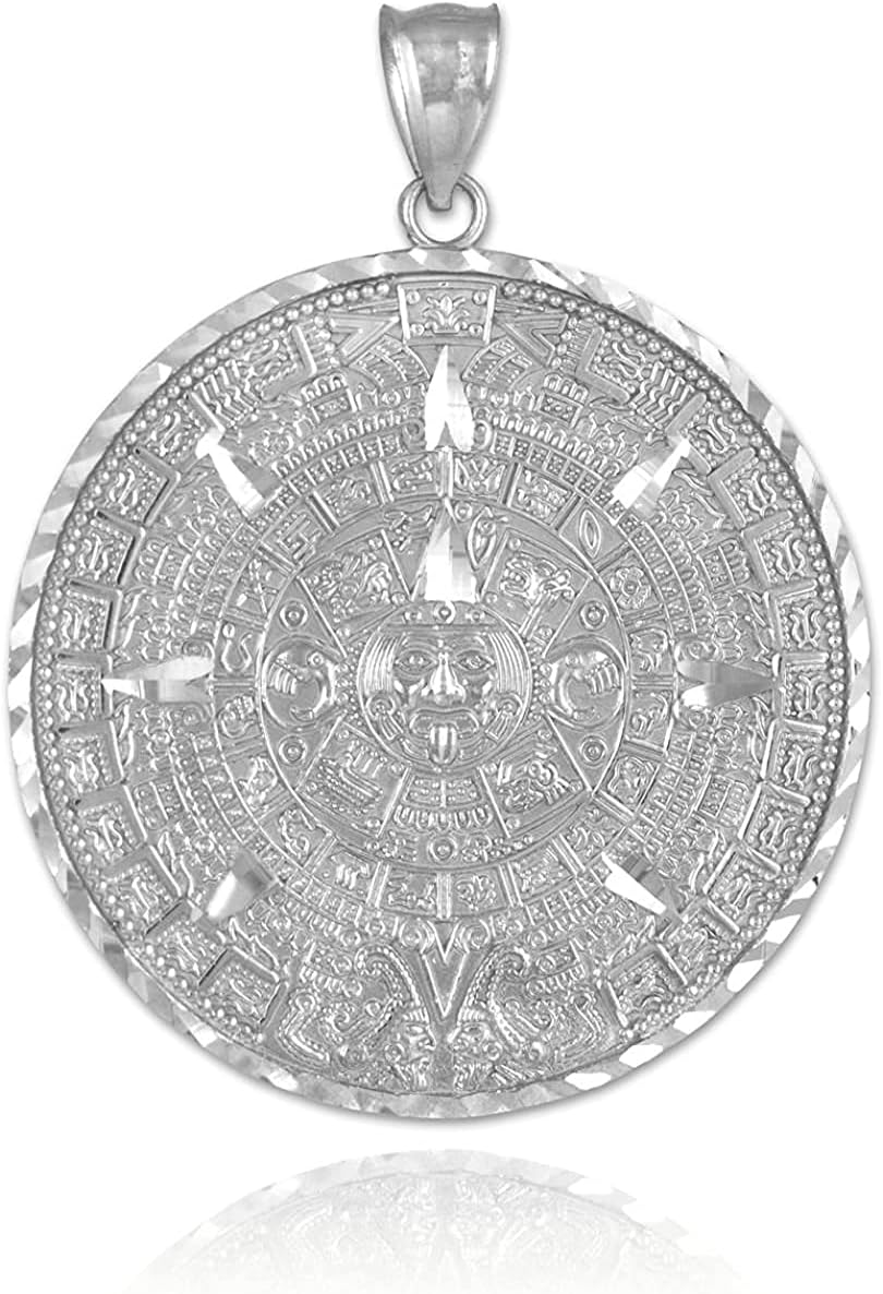 Claddagh Gold 10k White Gold Aztec Mayan Calendar Pendant Charm, 1.2 inches Diameter