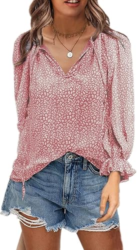 OUNAYA Camiseta de manga larga con cuello en V para mujer, bonita camisa de gasa floral, holgada, para verano