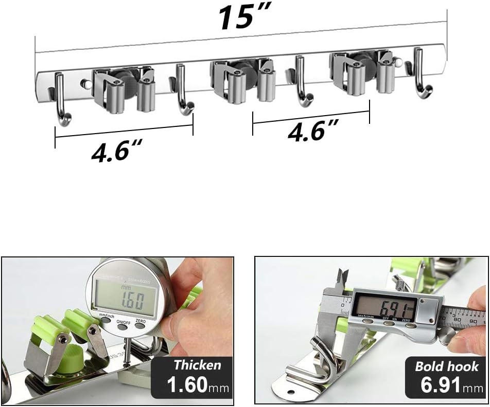 DGSL 4 PCS Broom Holder Wall Mount with 3 Racks 4 Hooks, Stainless Steel Wall Mounted Organizer Mop and Broom Storage Tool Rack for Home Kitchen Garden
