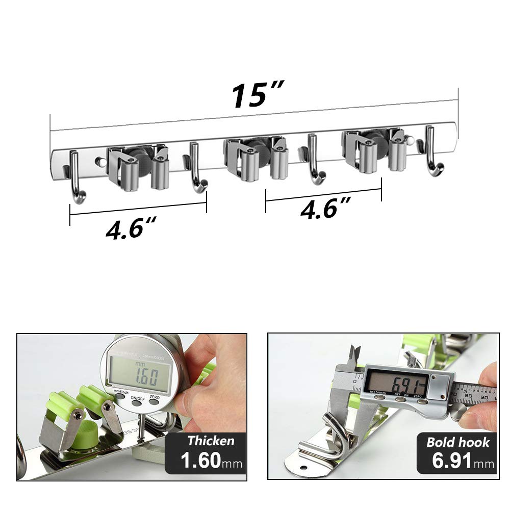 Besenmopp-Halter, robuste Wandhalterung, Edelstahl, Wandmontage, Aufbewahrung, Organizer, Aufhänger mit 3 Racks und 4 Haken für Lanudry Garage, Küche, Badezimmer, Schrank, Büro, Garten (4 Stück)