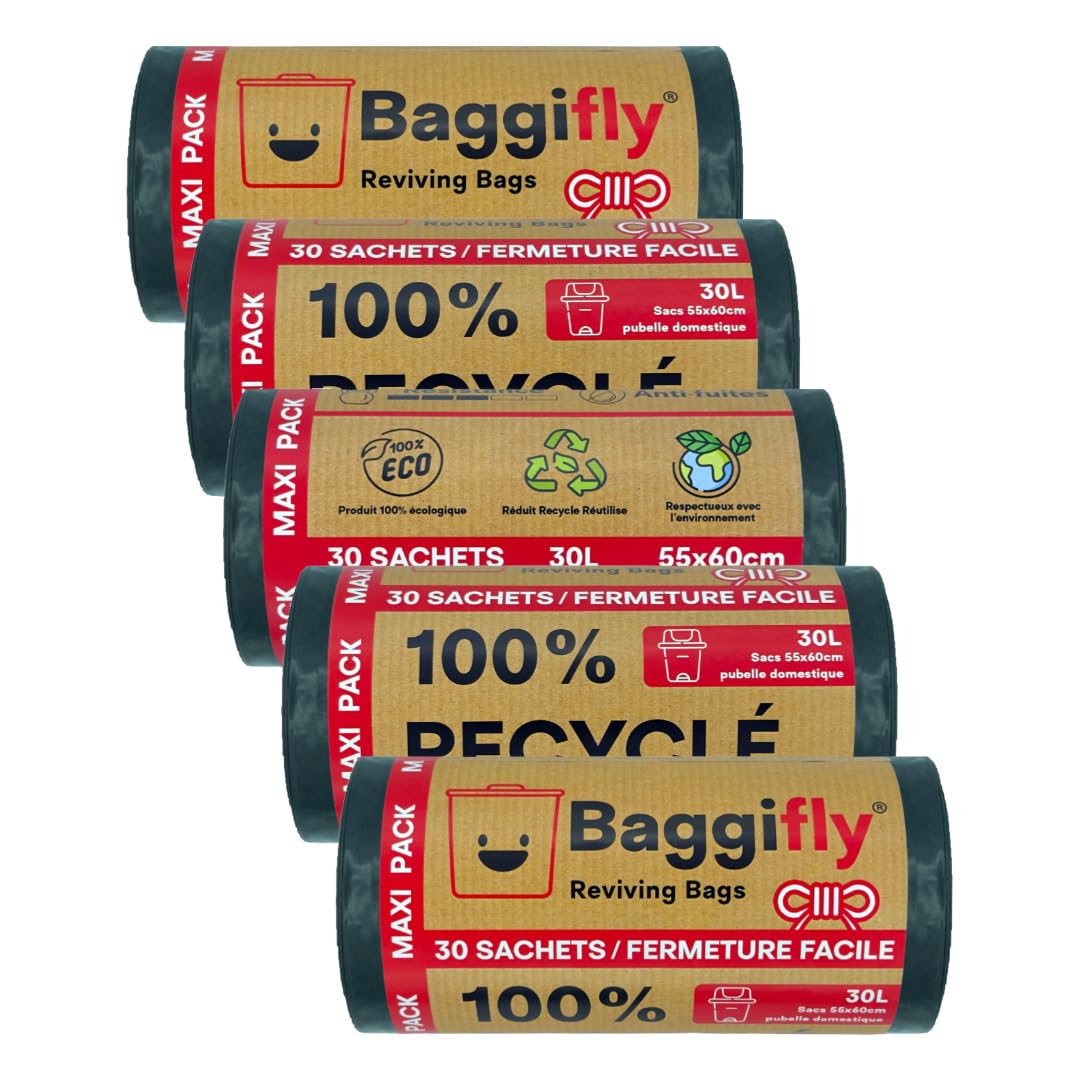 Baggifly Sacs Poubelle 30L, 150 Sacs Très Résistants, 100% recyclés, avec Poignées, Produit ÉCO Friendly, Idéal pour un Usage Domestique, Pack de 5 x 30 Sacs, Fabriqué en Europe