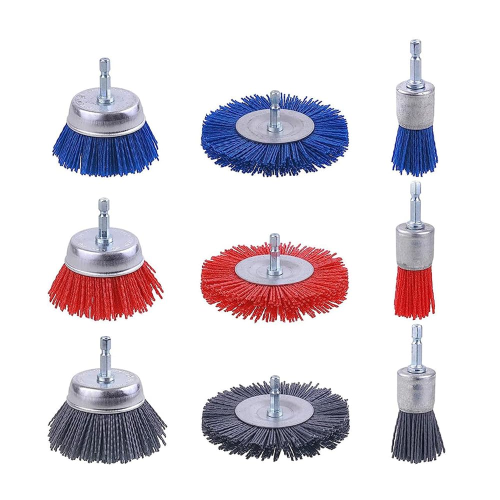 9 spazzole in nylon con attacco esagonale da 1/4", spazzola in nylon XPJBKC, set di spazzole in nylon, spazzola abrasiva per rimuovere ruggine/corrosione/colore (diametro 25 mm/ø75 mm)