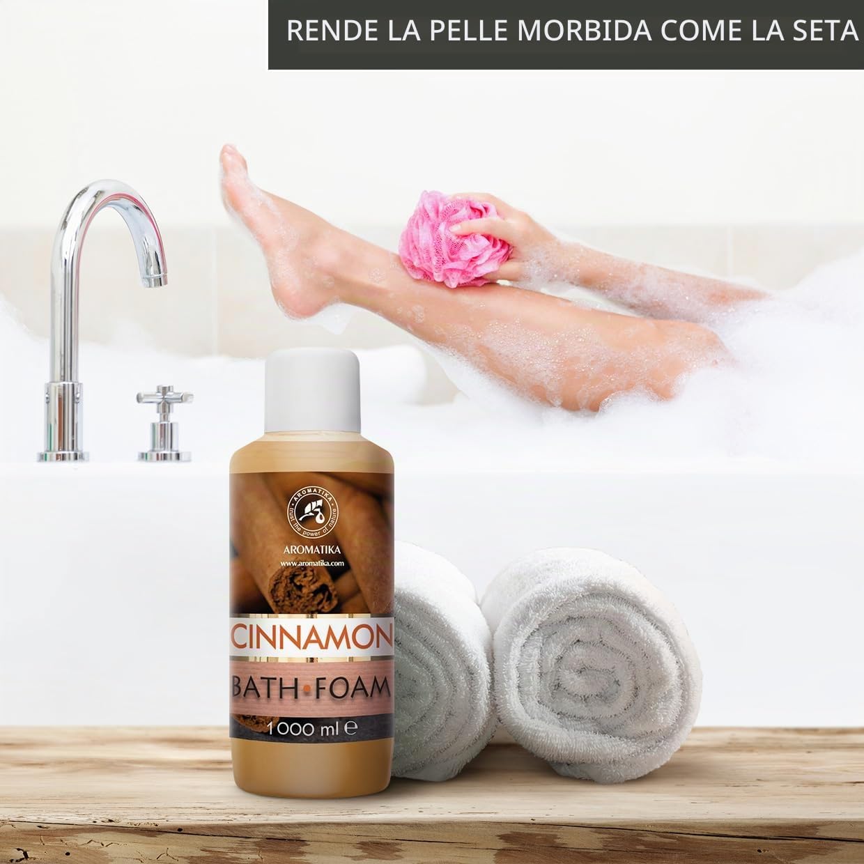 Bagno Schiuma Cannella 1000ml - Bagno Schiuma con Olio Essenziale di Cannella - Cura del Corpo - Bellezza - Bagno - Benessere - Relax - Aromaterapia - Bagnoschiuma - Bath Foam Cinnamon