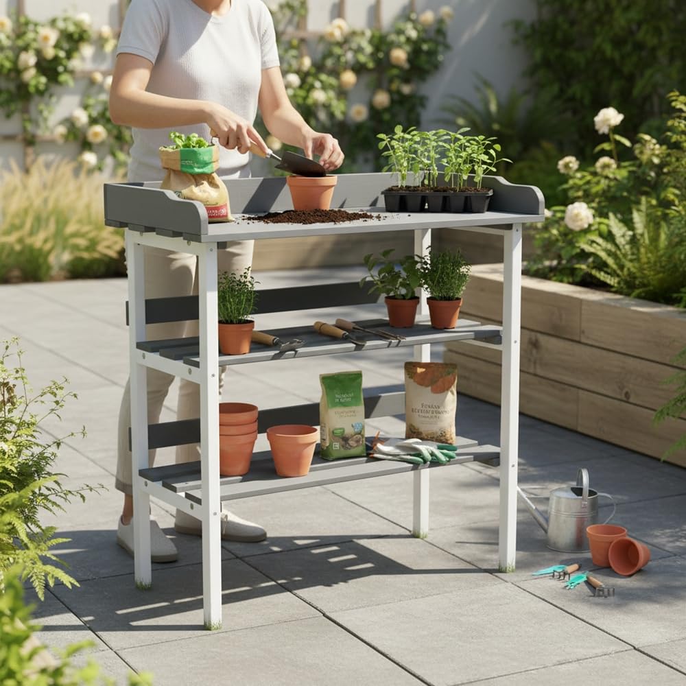 Melko Pflanztisch aus Holz mit verzinkter Arbeitsplatte, Gartenarbeitstisch mit 2 Ablagen & 3 Haken, Pflanzregal/Beistelltisch für Balkon, Terrasse & Gewächshaus, 84 × 78 × 38 cm