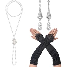 1920s Flapper Accessories Set for Women Roaring 20s Costumes Include Long Pearl Necklace and Earring Set Black Long Gloves for Opera Party