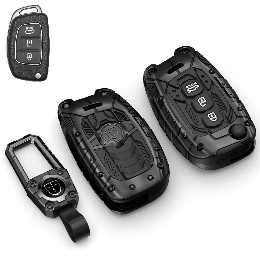 REWOP Metal Black Car Key Protective Shockproof Cover/Case and Keychain Compatible with Hyundai Alcazar, Aura, Creta, i10 Grand Nios, i20 Elite, Tucson, Verna, Venue, Xcent, Exter (3-Button Flip Key)-image-7