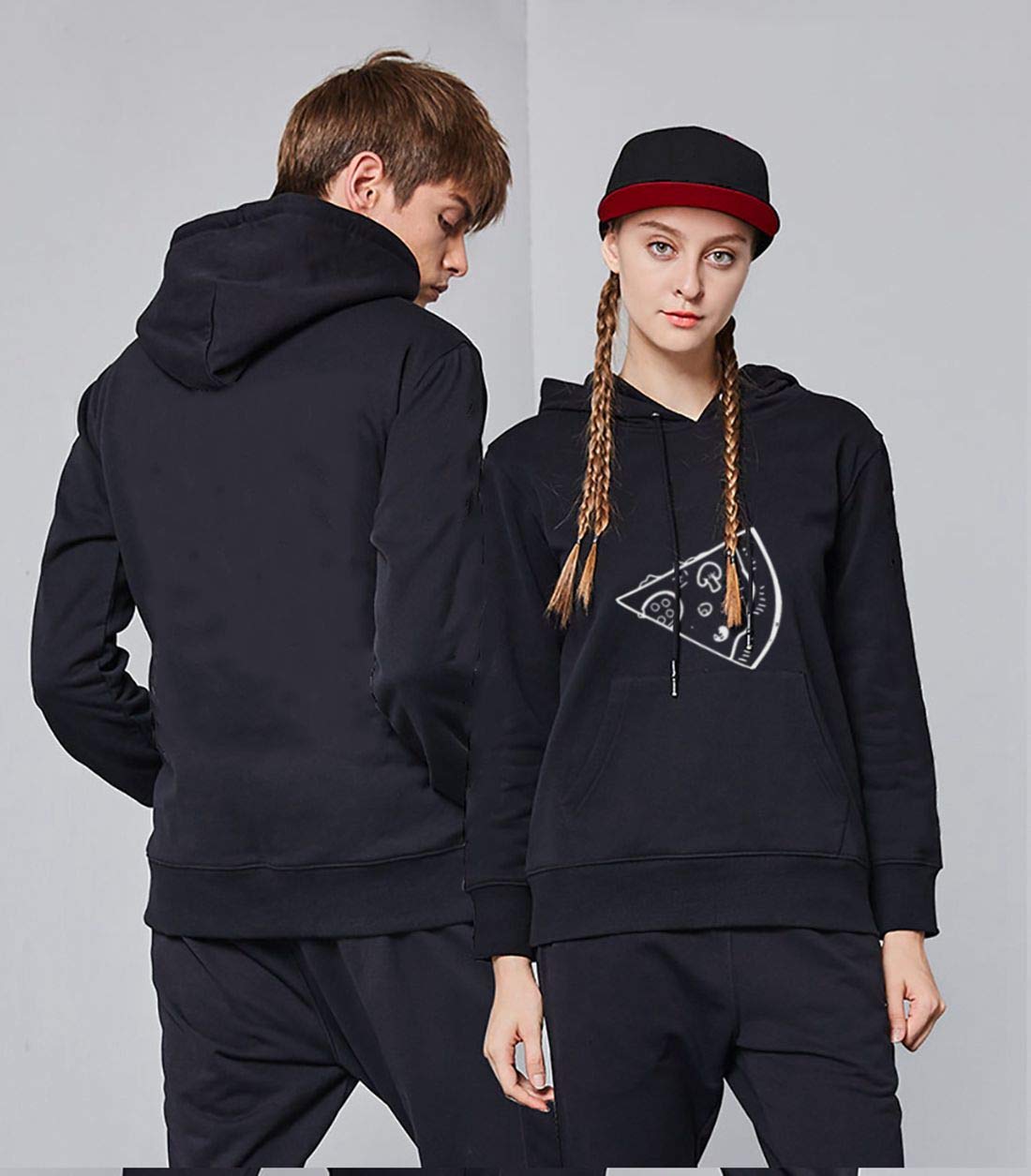 Friend Shirts Couple Hoodie Pizza Pärchen Kapuzenpullover Set Partner Look Pullover Paare Pulli Sweatshirt Schwarz Weiß Damen Baumwolle Geschenk 2 Stücke (schwarz-Herr-L+Dame-S)