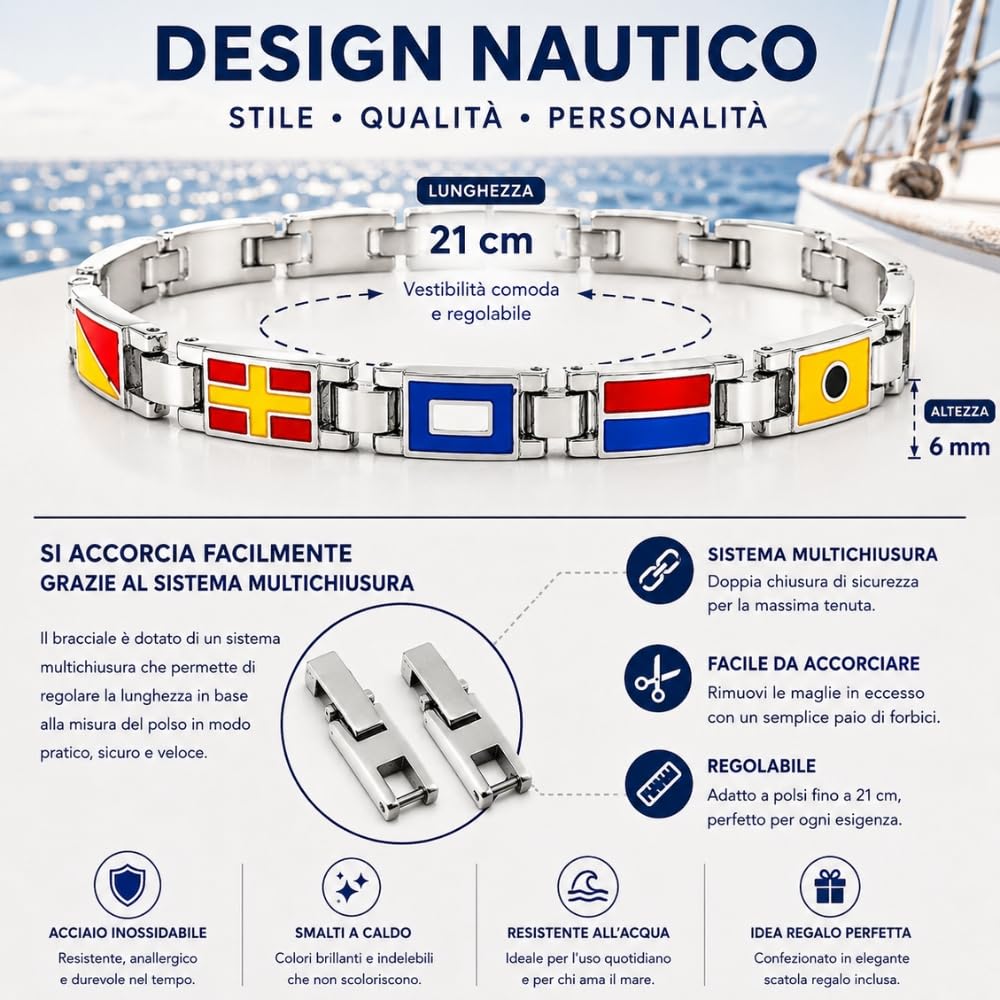Bracciale Uomo con Bandiere Nautiche in Acciaio Inox e Smalto – Stile Mare Estate Vela Nautico – Idea Regalo Uomo
