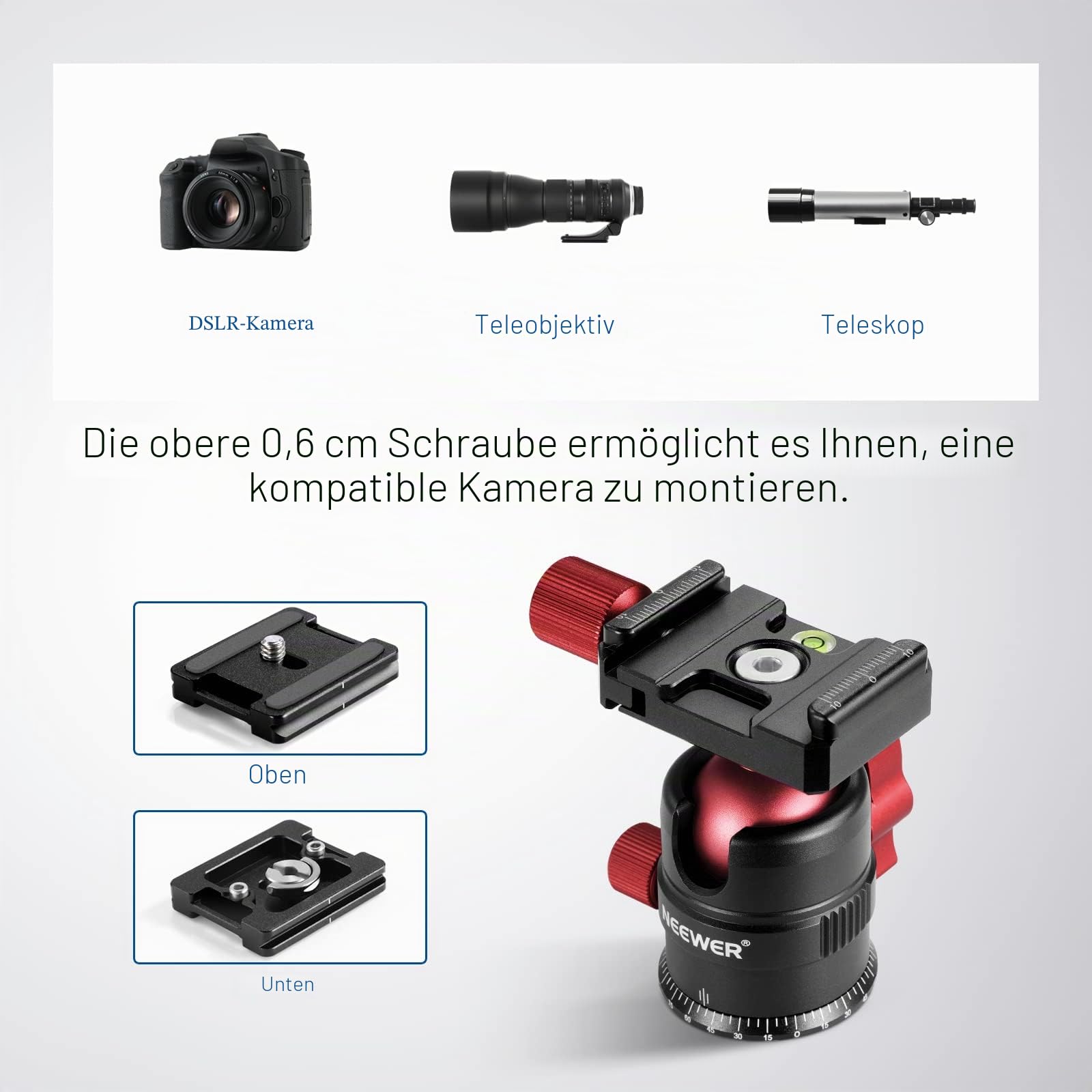 NEEWER Stativkopf, 360° drehbarer Panorama Kugelkopf mit 1/4 Zoll Schnellwechselplatte für Stativ, Einbeinstativ, Slider, DSLR Kamera, Camcorder, maximale Belastung bis zu 5kg- GM28