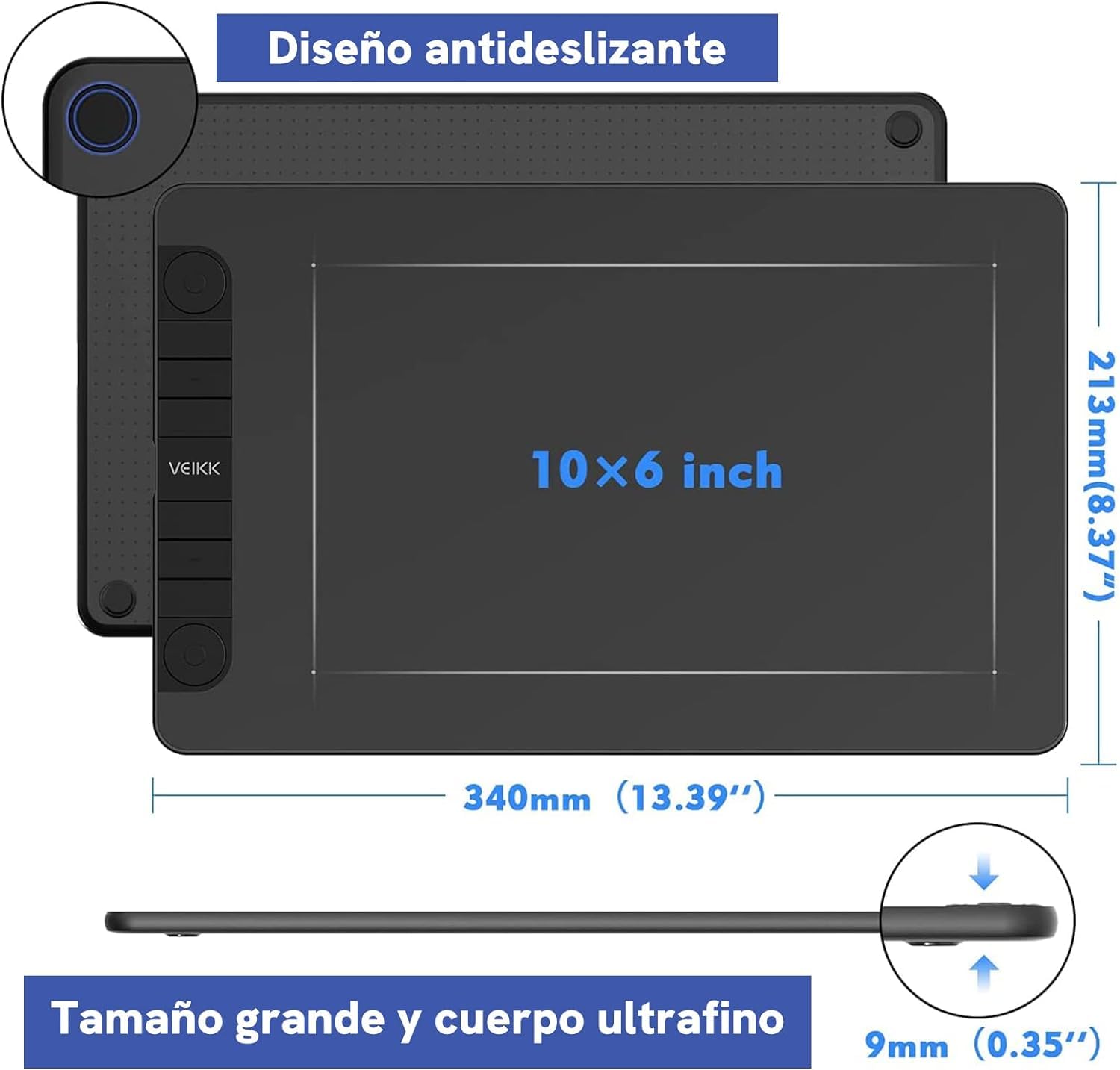 VEIKK VK1060 Pro Tableta Gráfica de Dibujo, 10 x 6 Pulgadas Tableta Dibujo con 2 Ruedas de Desplazamiento y 6 Teclas de Acceso Rápido, ​Compatible con Android, Mac,Chrome OS,Windows, Linux